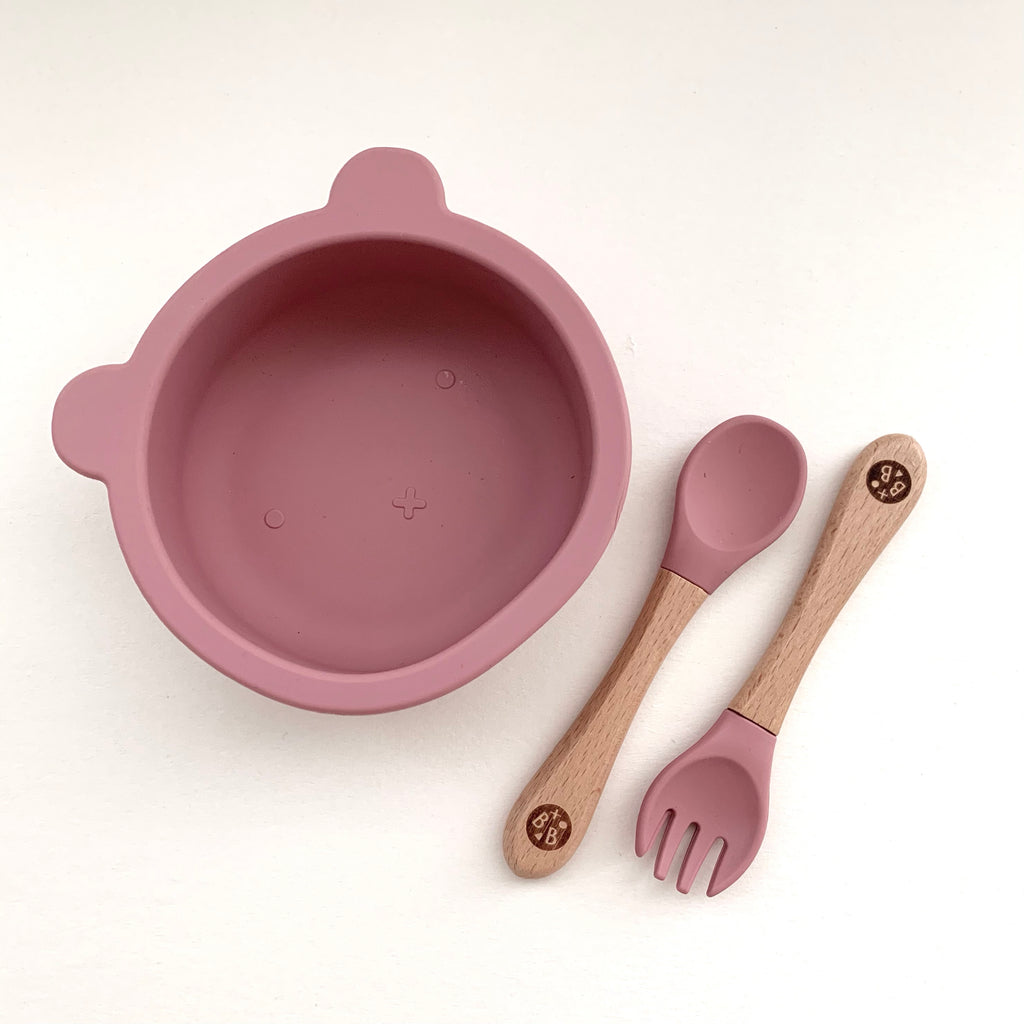 Silicone suction dinner bowl and cutlery set for toddlers and babies weaning